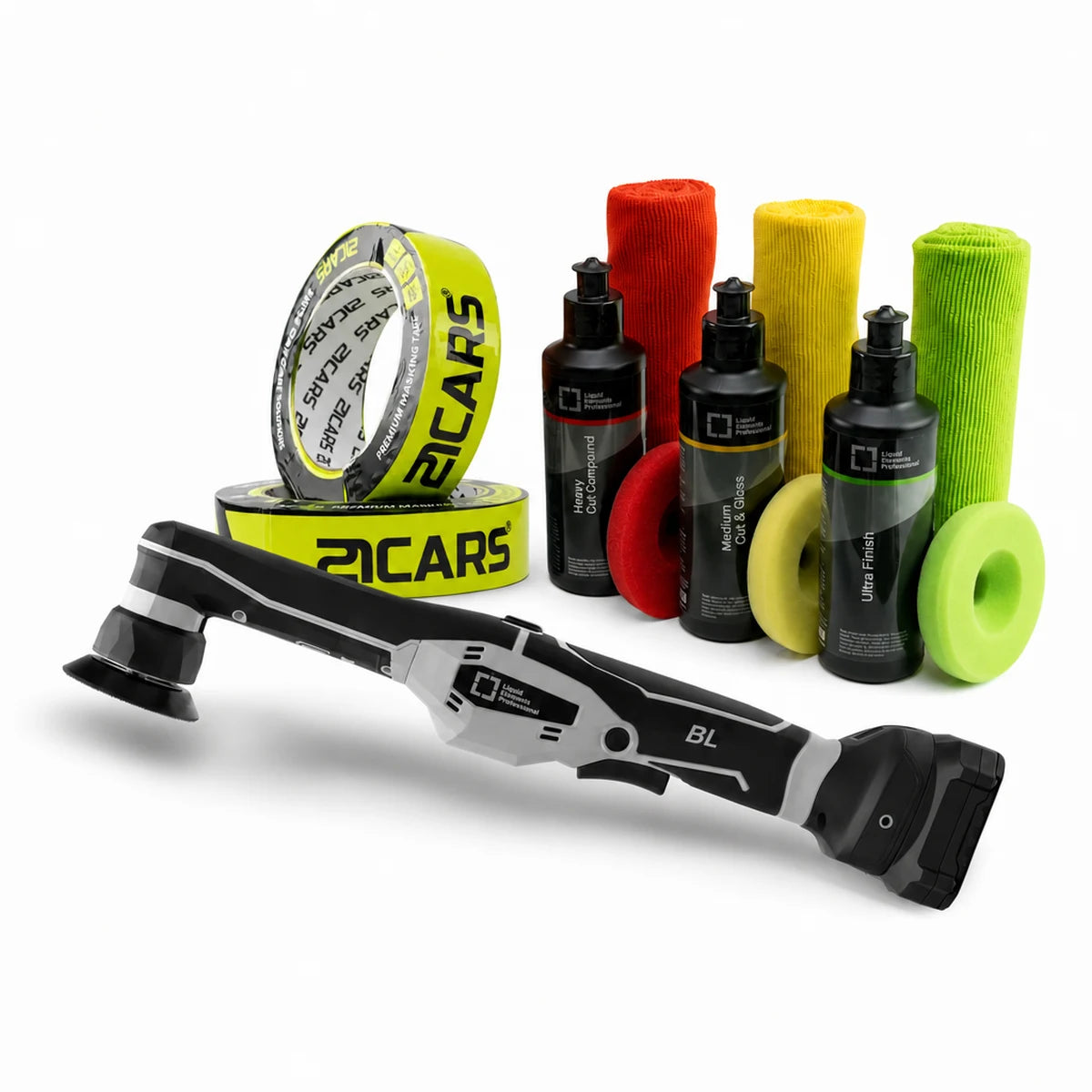 Profi Akku Poliermaschine Set 24-teilig mit Liquid Elements A2500 Pro, Polituren, Pads, Poliertüchern und 21CARS Masking Tape