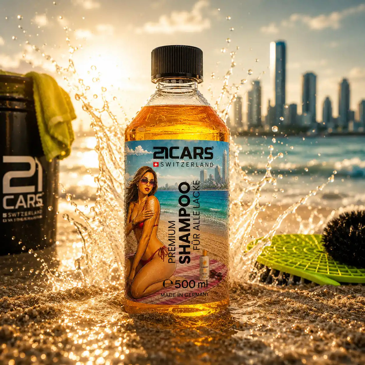 Auto Shampoo Produkt Bild im GTA 6 Style am Strand