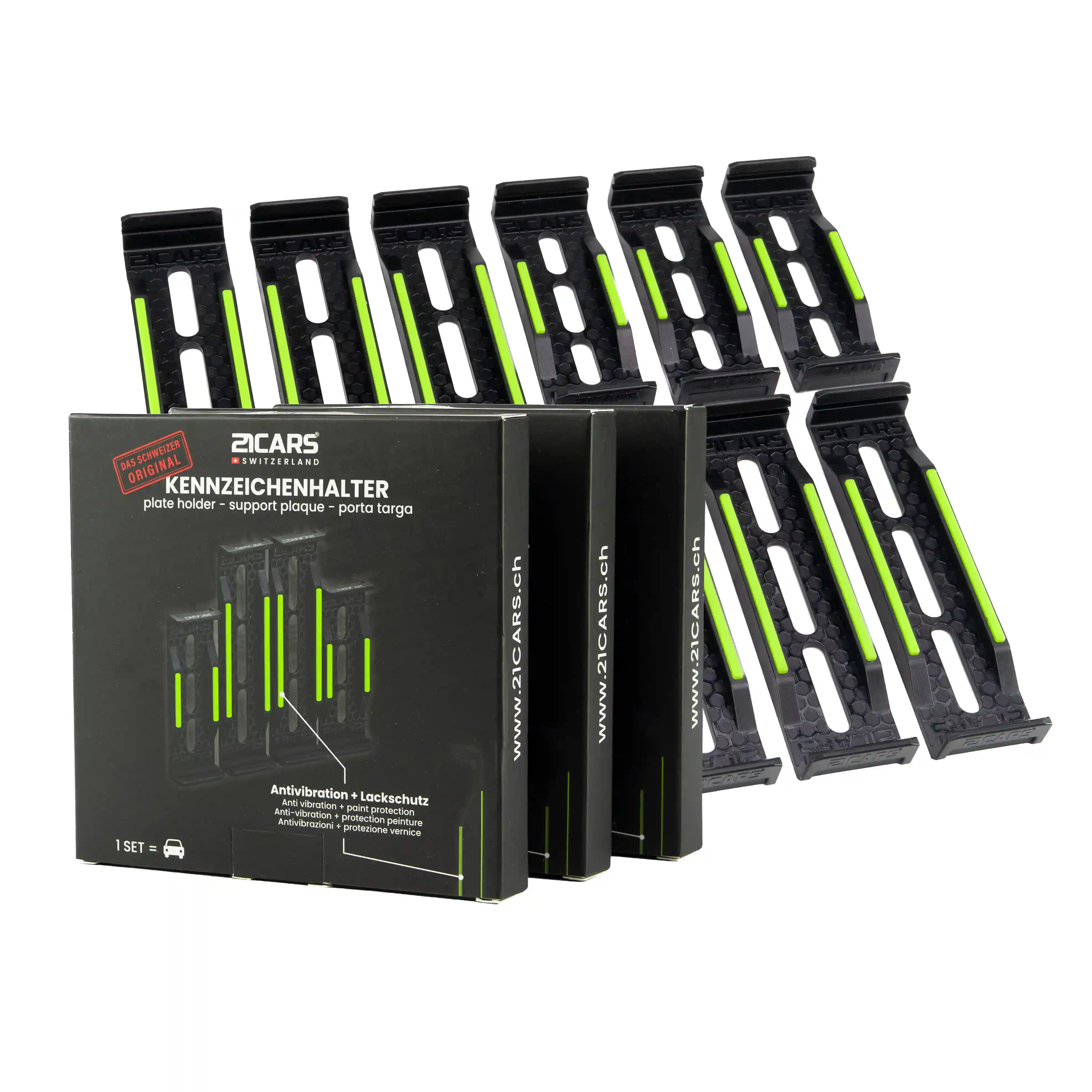 Klick Kennzeichenhalter Version 4 dreier Set mit Verpackung Gross und Klein Langformat